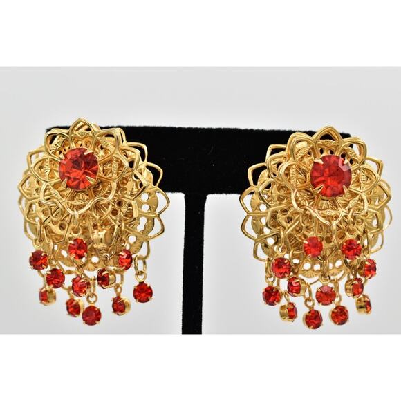 Vintage Dangle Clip On Earrings Coral Rhinestone Crystal Chandelier 1980s BinW - Picture 1 of 12